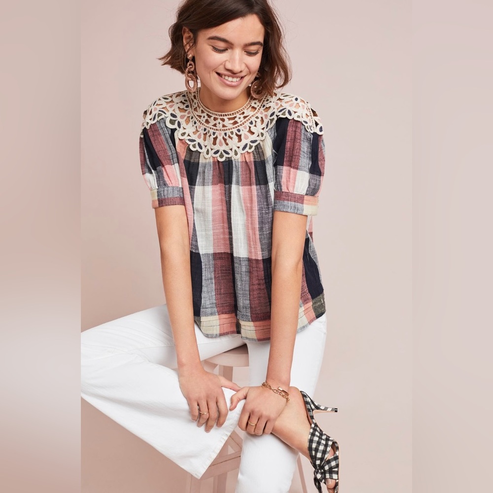 NWOT *ANTHROPOLOGIE* Crochet Bib *MAEVE* Plaid Swing Top … Size: S